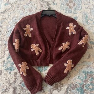 Source Unknown Burgundy Cropped Gingerbread Patch Cardigan